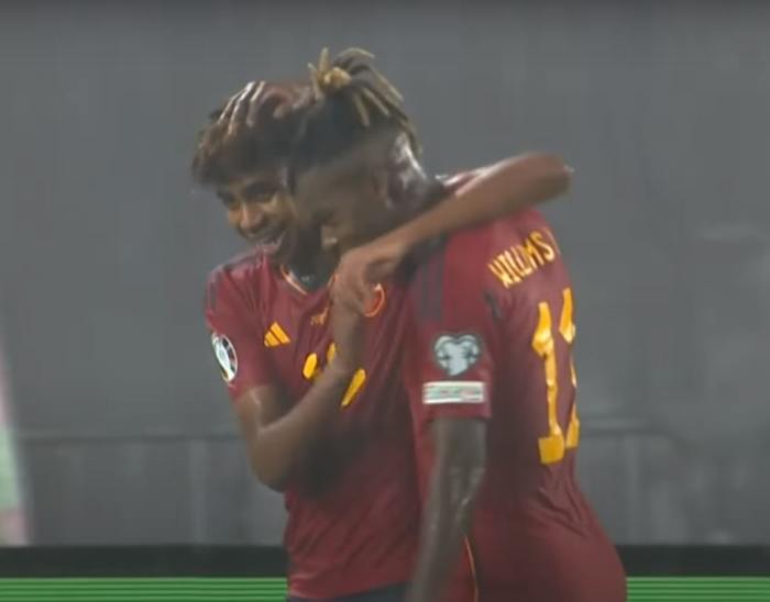 Lamine Yamal pictured (left) after scoring his first international goal for Spain during a 7-1 win over Georgia in September 2023